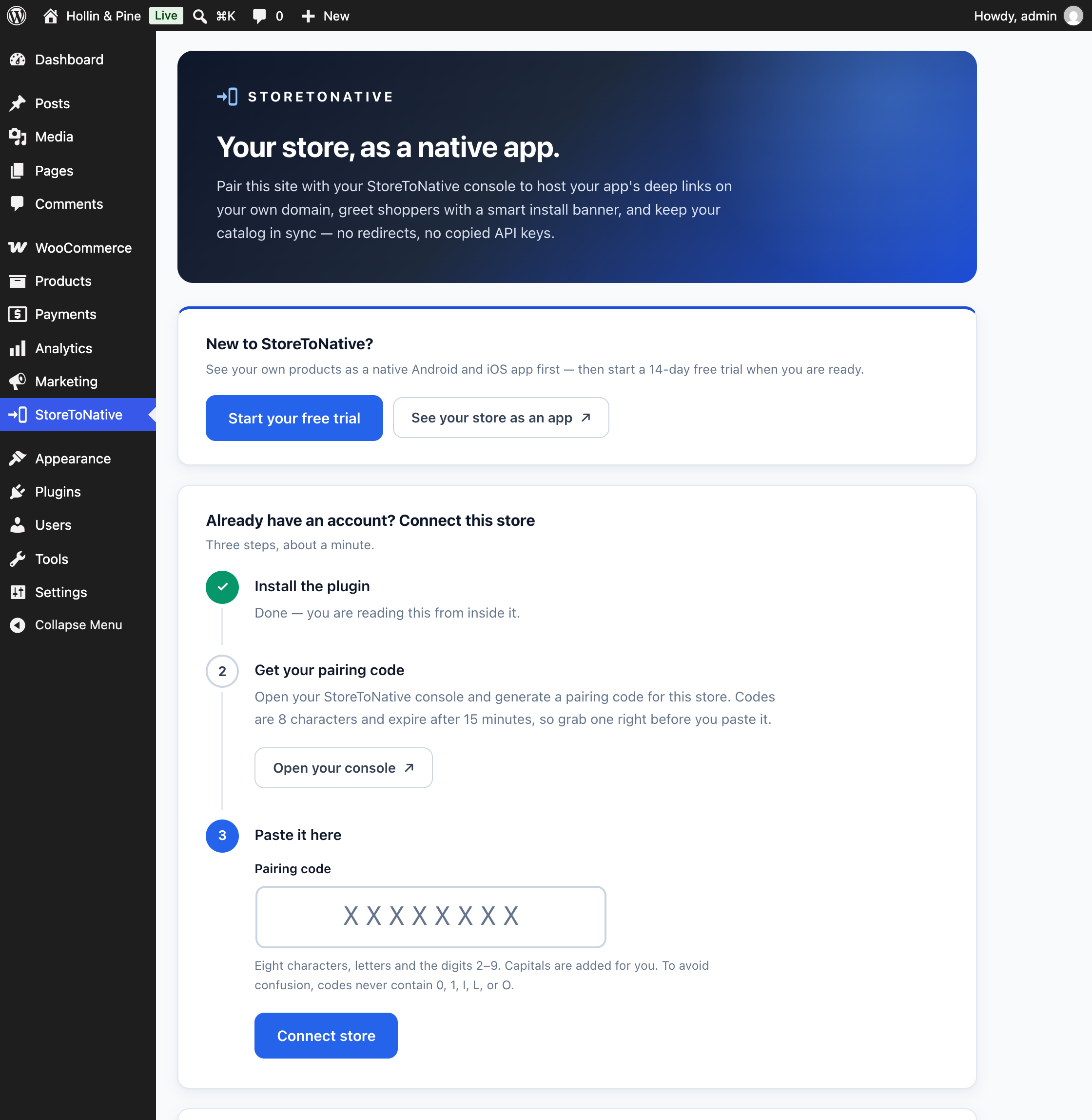 The plugin's connect screen, where you paste a pairing code from your StoreToNative console