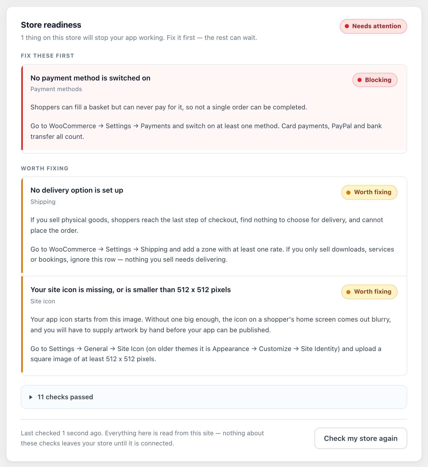 The Store readiness card, listing fourteen checks over your WooCommerce settings, each with what it costs you and which screen to fix it on