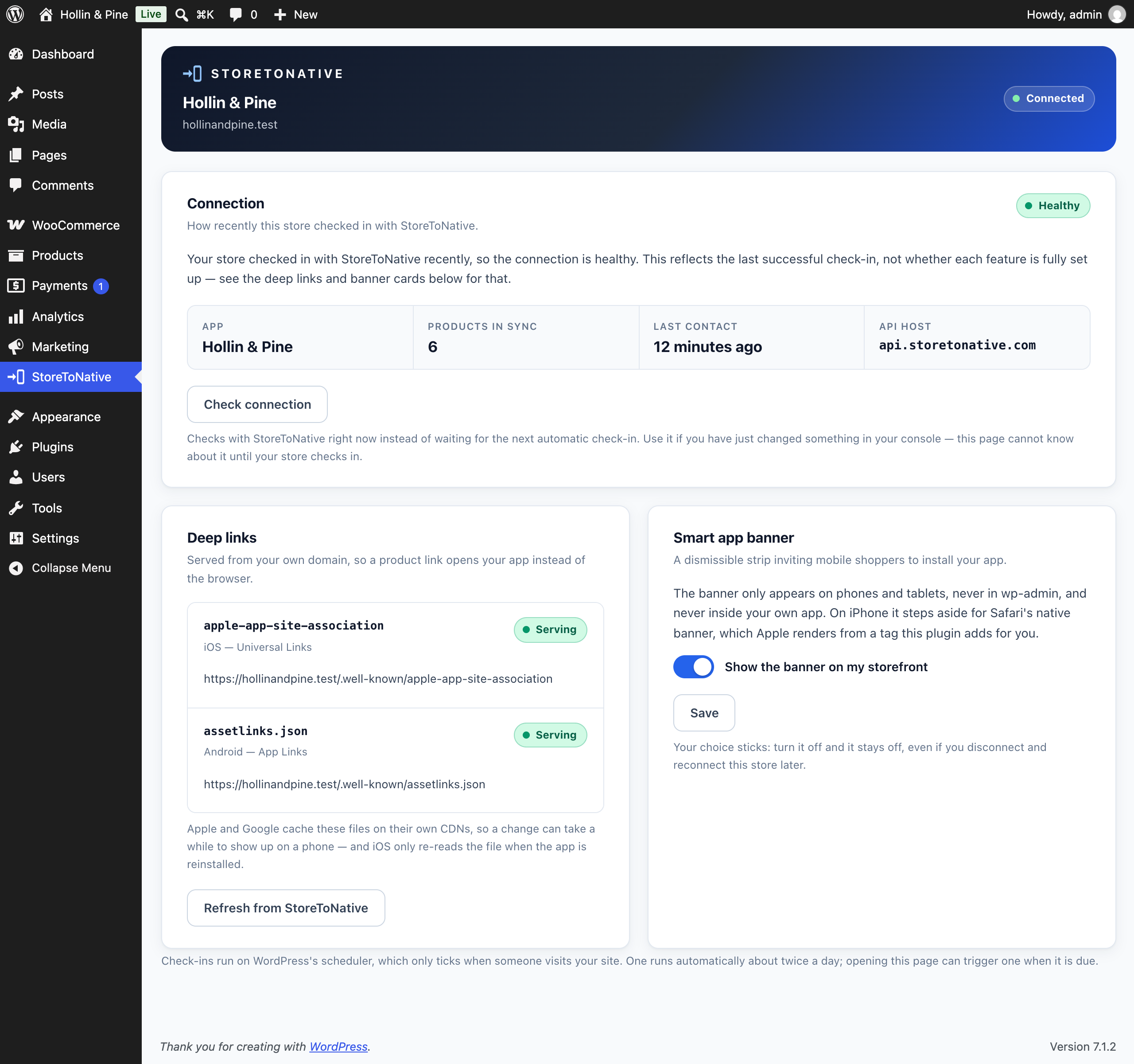 The paired dashboard in WordPress, showing connection health, deep-link status for each file, and the smart install banner toggle